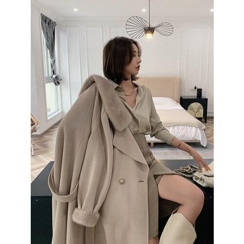 High-Quality Real Double Faced Wool Coat for Women Winter Genuine MInk Fur Cuffs Big Pockets Long Outwear Wholesale