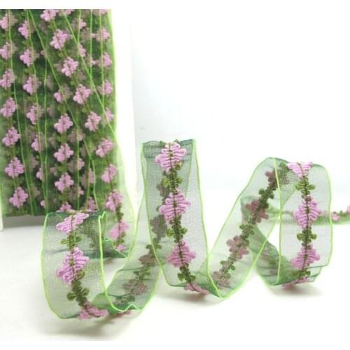 2 Yards 1 Inch Transparent Green Chiffon Ribbon with Purple Rosette Chenille Trim|Hair Accessories Craft Supplies|Bow Making