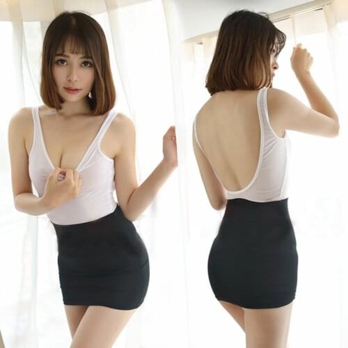 Sexy Backless Tight Pencil Cute Tank Dress Ice Silk Smooth See Through Patchwork Micro Mini Dress Transparent Club Wear FX9