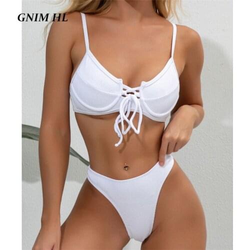 GNIM Sexy Solid Brazilian Swimsuit Women Bikini Mujer 2020 Summer Bandage Two Pieces Swimwear Women Push Up High Cut Bather Suit