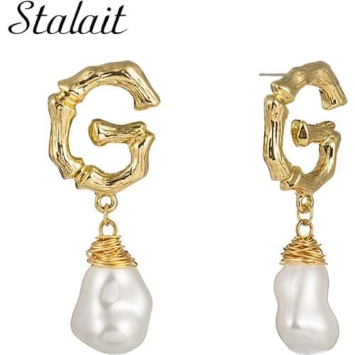 Baroque Irregular Fresh Pearl Drop Earrings Fashion Bohemian Gold Color Letter G Earrings For Women Jewelry Gift
