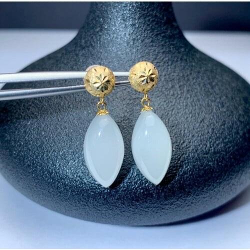 SHILOVEM 18k yellow gold real Natural white Jasper drop earring fine Jewelry women wedding gift new 8*16mm myme0816999hby
