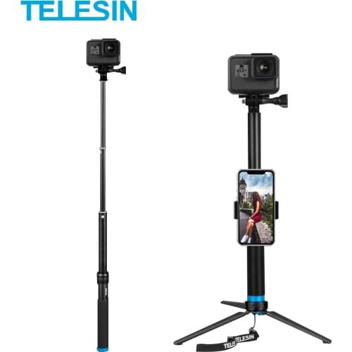 TELESIN 0.9M Extendable Aluminum Alloy Selfie Stick + Detachable Tripod Phone Holder for GoPro Insta360 Osmo Action Accessories