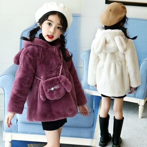 Warm Winter Coats for Toddler Girls Hoodie with Shoulder Bag Rabbit Ear Jacket Teen Outerwear 2020 Fashion Baby Girl Plush Coat