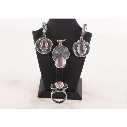 UM US JEWELRY Pink Quartz Stone 925 Sterling Silver Triple Set