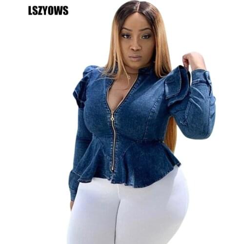 Plus Size Fashion Denim Jackets 2021 Women Zipper Long Sleeve Ruffle Jean Coat Female Vintage Peplum Tops Solid Casual Outerwear