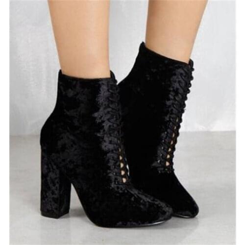 2018 Spring New Fashion Women Pointed Toe Black Chunky Heel Short Boots Charming Cut-out Velvet Ankle Booties Dress Shoes