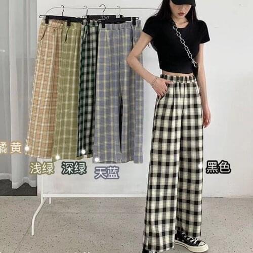 Cheap New Korean Plaid Pants Spring Fashion 2021 Wide Leg Pants Women Plaid Printed High Waist XL Pants Women