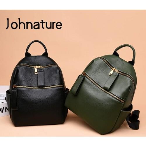 Johnature Korean Fashion Backpack 2021 New First Layer Cow Leather Women College Bags Leisure Solid Color High Quality Bagpack