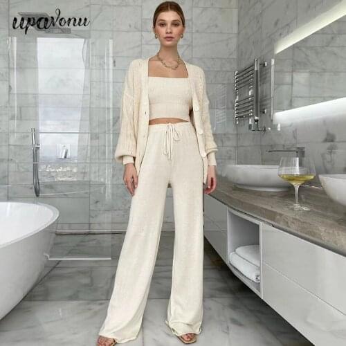 Free Shipping Casual Knit Sweater Set Women Long Sleeve Single-breasted Cardigan Knit Jacket & Vest & Straight Pants 3-piece Set