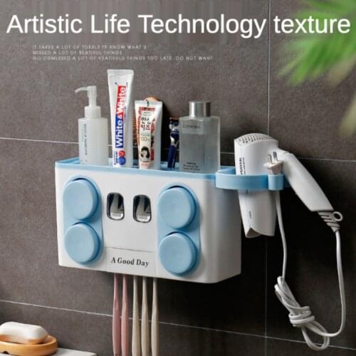 3 Color Bathroom Accessories Toothbrush Holder Double Automatic Toothpaste Squeezer Wall Mount Storage Shelves Hair Dryer Rack