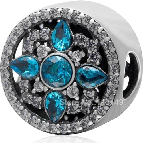 White And Blue CZ Zircon Micro Pave Flower Round Shape Big Hole Authentic 925 Sterling Silver European Charm Beads SZPB214