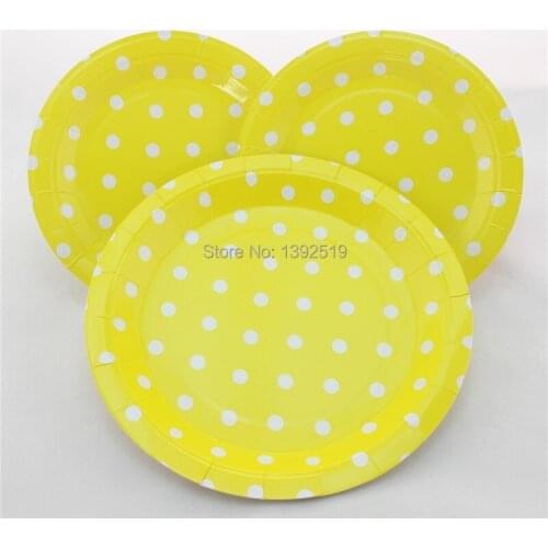 Free Shipping 48pcs Yellow Polka Dot Paper Party Plates Party Cake Plates Birthday Party Paper Plates