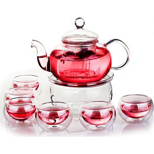 800ML Borosilicate Heat-resistant Glass Tea Pot Set Infuser Teapot Warmer With Strainer Flowers 6 Double Wall Teaware Home Gift