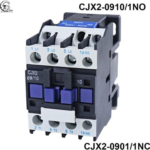 CJX2-0910 CJX2-0901 AC Contactor 9A 3 Phase 3Pole NO Coil Voltage 380V 220V 110V 36V 24V 50/60Hz Din Rail Mounted 3P+1NO/3P+1NC