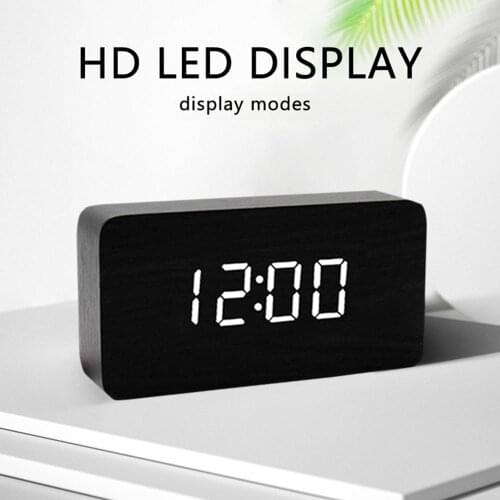 Wood Digital Alarm Clock 12/24H LED Time/Date/Temperature Display Snooze Sound Control Electric Clock