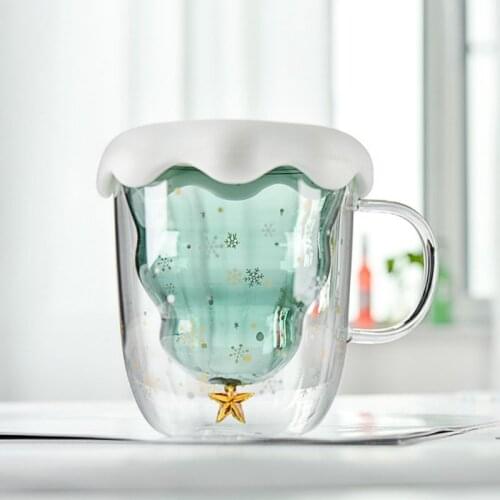 300ml Christmas Tree Double Layer Glass Mug Heat Insulating Handle Cup Resistant Milk Tea Coffee Cup