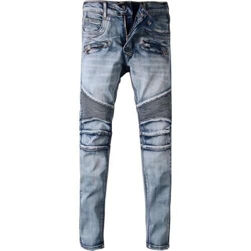 European American Street Fashion Men Jeans Retro Blue Slim Fit Spliced Designer Biker Jeans Men Hip Hop Cotton Denim Punk Pants
