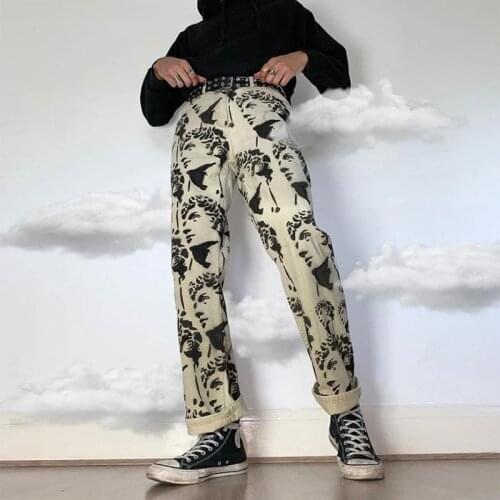 2021 Spring Summer Vintage Portrait Printed Straight Denim Trousers Men Fashion Loose Jeans Casual Mens Denims Pants Streetwear