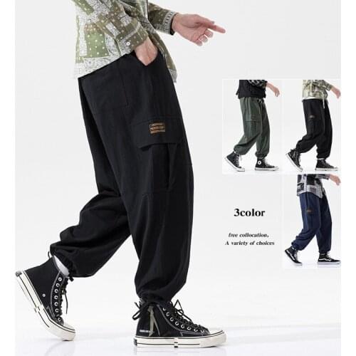 Autumn New Men Big Pocket Joggers Pants Japanese Large Size Male Ice Silk Linen Cotton Linen Nine Points Casual Pants Streetwear