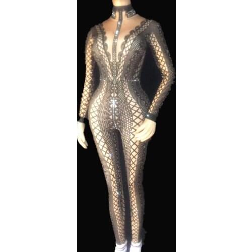3 Colors Spandex Printed Stretch Jumpsuit Rhinestones One Piece Bodysuit Costume Stage Outfit Singer Dancer Performance Rompers