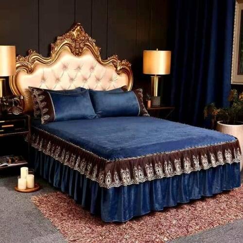 European Embroidery Lace Velvet Bedspread with Pillowcase Soft Bed Skirt Winter Plush Thick Bed Cover Skirt King Queen Pad