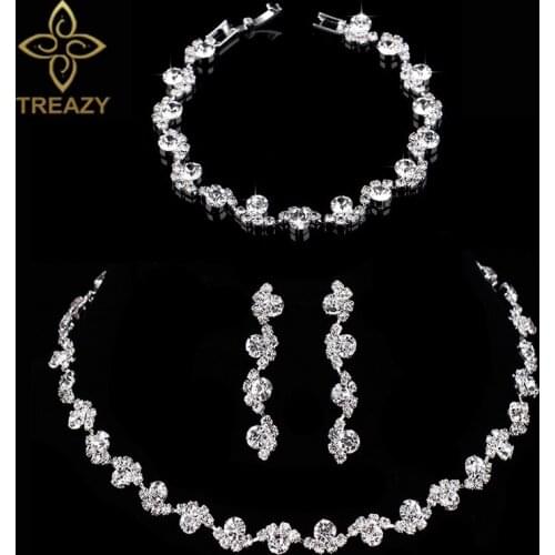 TREAZY Fashion Crystal Bridal Jewelry Sets Silver Color Choker Necklace Earrings Bracelet Set for Women Prom Wedding Accessories