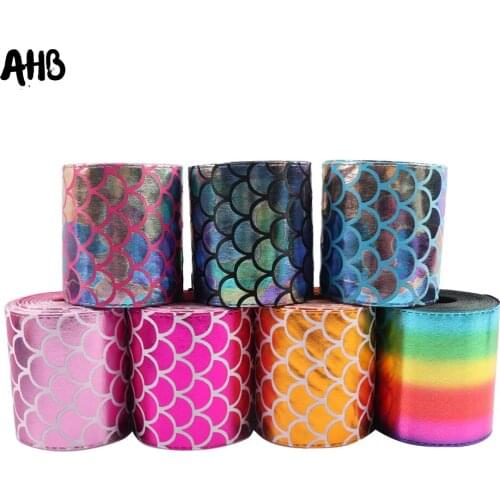 AHB 3" Laser Ribbon Mermaid Leather Fabric 75mm Width High Quality Soft PU For Sewing Decorative DIY Headdress Materials 2Yards