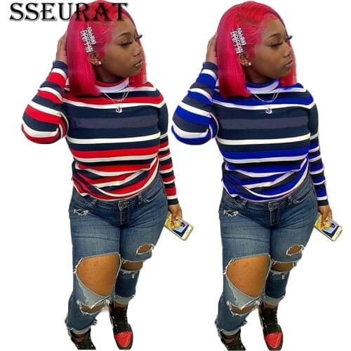 SSEURAT Hot Sale Striped Turtleneck Print T-shirt Fall Womens Street Tops