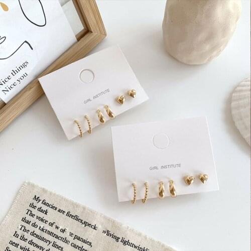 Metallic Alloy Silver Plated Needles Golden Hearts Circles Beads Ear Cuff Stud Earrings for Women 3 pairs/set