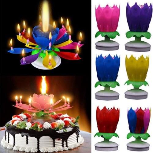 Musical Birthday Candle Magic Lotus Flower Candles Blossom Rotating Spin 14 Small Candles 2layers Cake Topper decoration SN608
