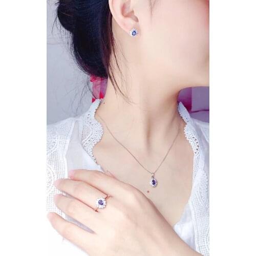 New Arrival Real and Natural Sapphire jewelry set Natural Real Sapphire 925 sterling silver 1pc pendant,1pc ring,2pcs Earring