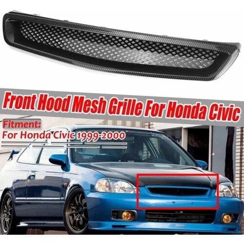 EK T-R Style Front Bumper Hood Mesh Grill Grille for Honda Civic EK CX DX EX HX LX Type R 1999-2000 Carbon Fiber Look
