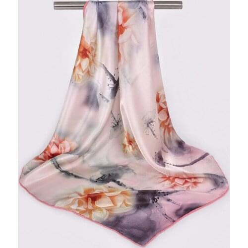 [BYSIFA] Chinese Style Women Silk Scarf Hijab New 100% Crepe Satin Silk Scarves Luxury Grey Pink Lotus Silk Scarf Shawl Printed
