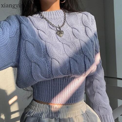 Casual Round Collar Slim Fit High Waist Knitted Blue Sweater Women Ladies Female Korean Fashion Long Sleeve Jumpers Knitwear
