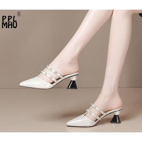 Patent Leather Pointed Rhinestone String Bead Women Slippers Fashion Breathable Comfort High Heels Baotou Wearable Sandals