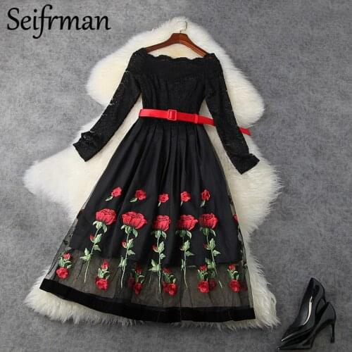 Seifrmann New 2021 Women Spring Fashion Runway Party Midi Dress Long Sleeve Lace Embroidery Sashes Elegant Slim A-Line Dress
