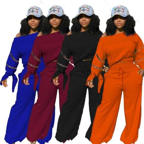 Echoine Sexy Off Shoulder Zipper Sleeve Wide Leg Pants Two Piece Set lounge wear Elegant Casual Tracksuit Women Sporty Set