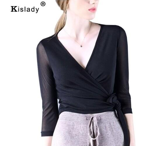Kislady 2020 Spring Summer Womens Sexy Deep V Crop Tops Transparent Mesh Shirts Elegant Three Quarter Sleeve Thin Bottom Shirt