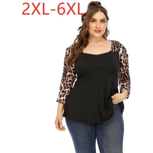 New 2021 ladies spring autumn plus size tops for women large long sleeve slim black leopard T-shirt 3XL 4XL 5XL 6XL