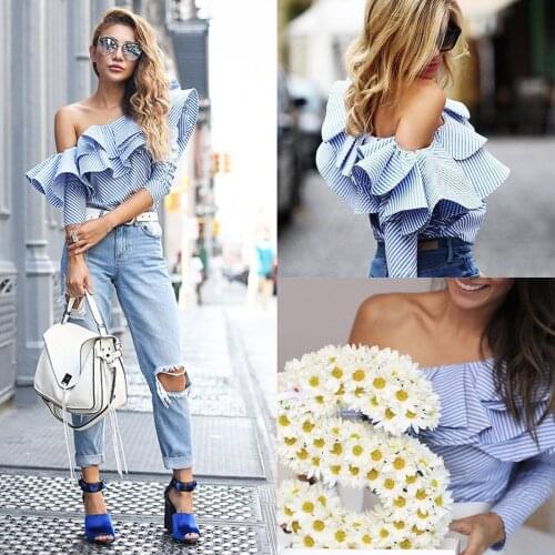 Women Off the Shoulder Stylish Blouse Two Layers Ruffles Neck Tops Summer Casual Striped Shirt