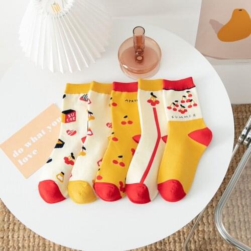 Fashion Japanese Personality Printing Kawaii Socks Women Cute Harajuku Red Cherry Cotton Korean Girl Sweet Cartoon Long Socks