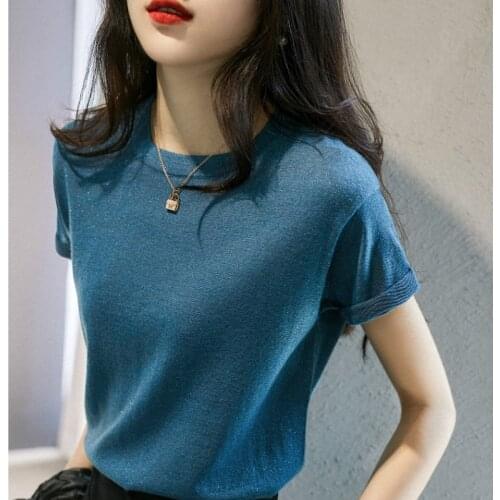 2021 New Thin simple Women Sweater Summer Stitching color O-Neck Short sleeve Loose Jumper Female Casual Knitted Pullover