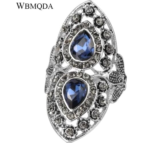 Fashion Big Hollow Double Heart Love Ring Blue Stone Crystal Flower Silver Color Rings For Women Vintage Wedding Jewelry