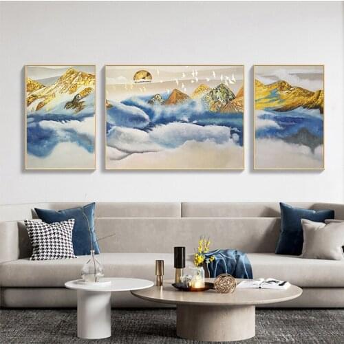 Handmade Gold Mountain Abstract Painting On Canvas For Living Room Home Wall Art Decoration Three Pieces Salon Painted