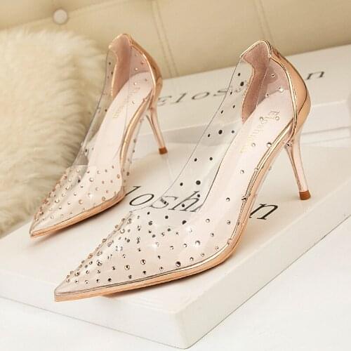 2021 simple pointed rhinestone transparent high heel stiletto 7cm heel high heel slimming sandals shallow mouth womens shoes