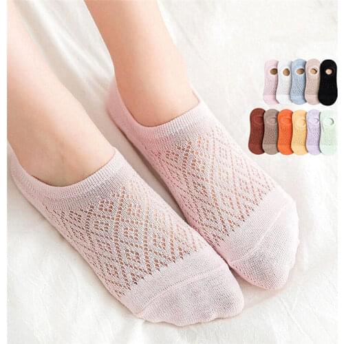 5 Pairs Breathable Mesh Women Invisible Socks Non-slip Summer Solid Girls Ankle Boat Socks Happy Cotton Slipper