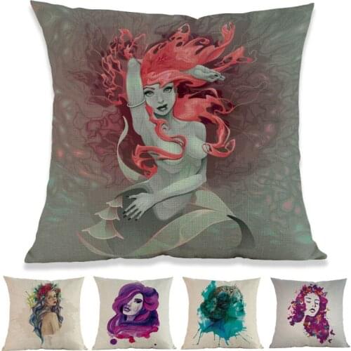 Watercolor Illustration Style Beautiful Sexy Lonely Floral Girl Woman Throw Pillow Case Home Decoration Sofa Room Cushion Cover