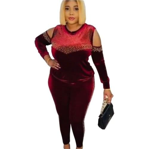 Velvet African Dresses for Women 2 Piece Set Dashiki Diamonds Tops Pants African Clothes Bazin Riche Famous Suit Vetement Femme