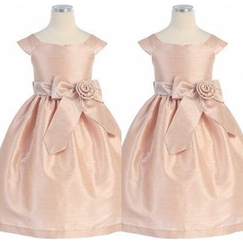 Champagne Cheap Girls Dress Scoop A-Line Floor Length Ribbon Sash Sequins Taffeta Flower Girls Dresses Little Girl Party Gown